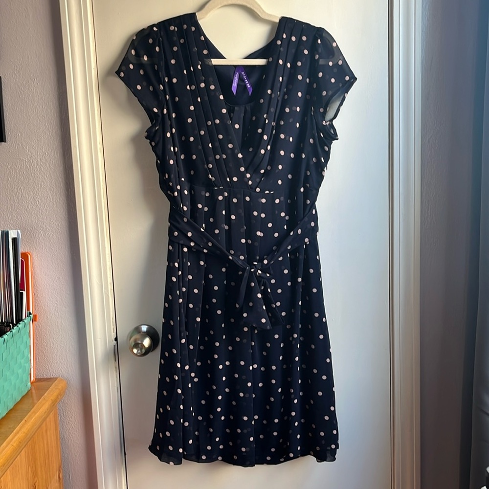 Seraphine Maternity Dress - Navy Blue with light pink polka dots